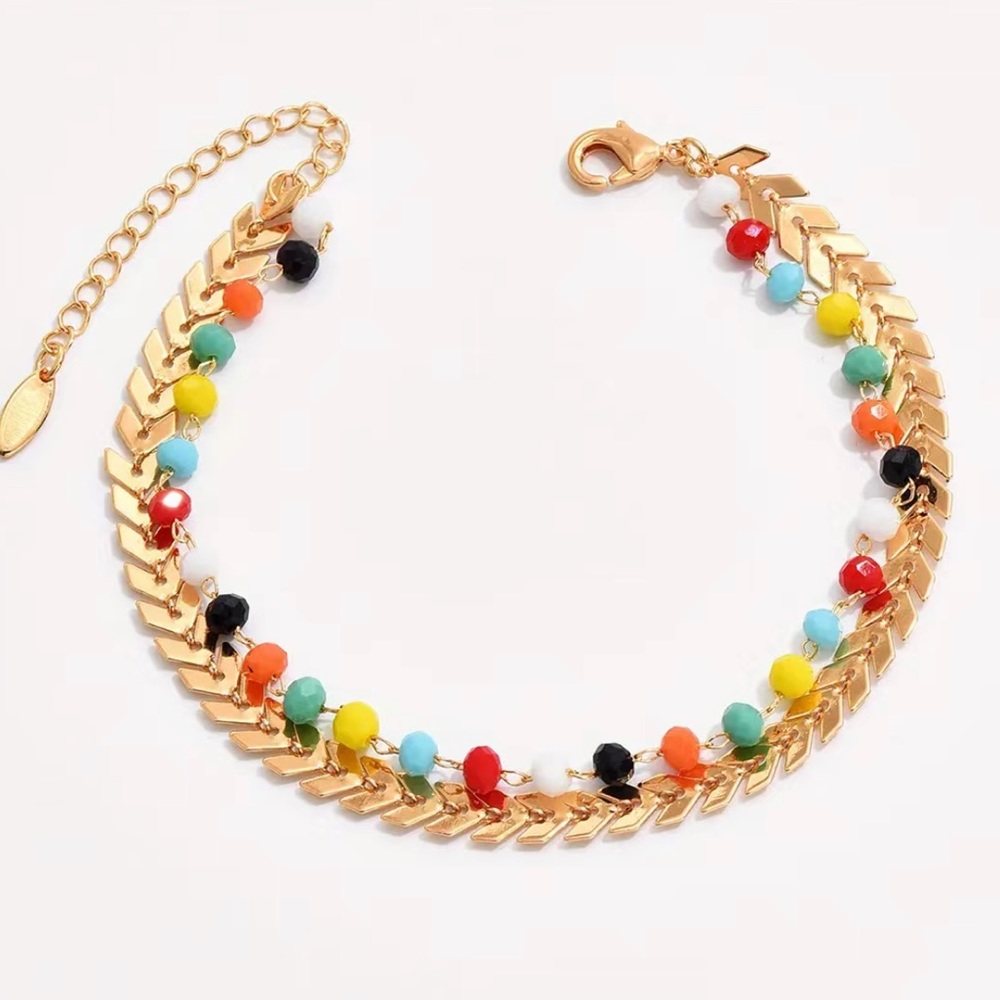 Double Layers Chain Anklet With Colorful Beads| Gold Plated Ankle Bracelet Set - Picture 2 of 5